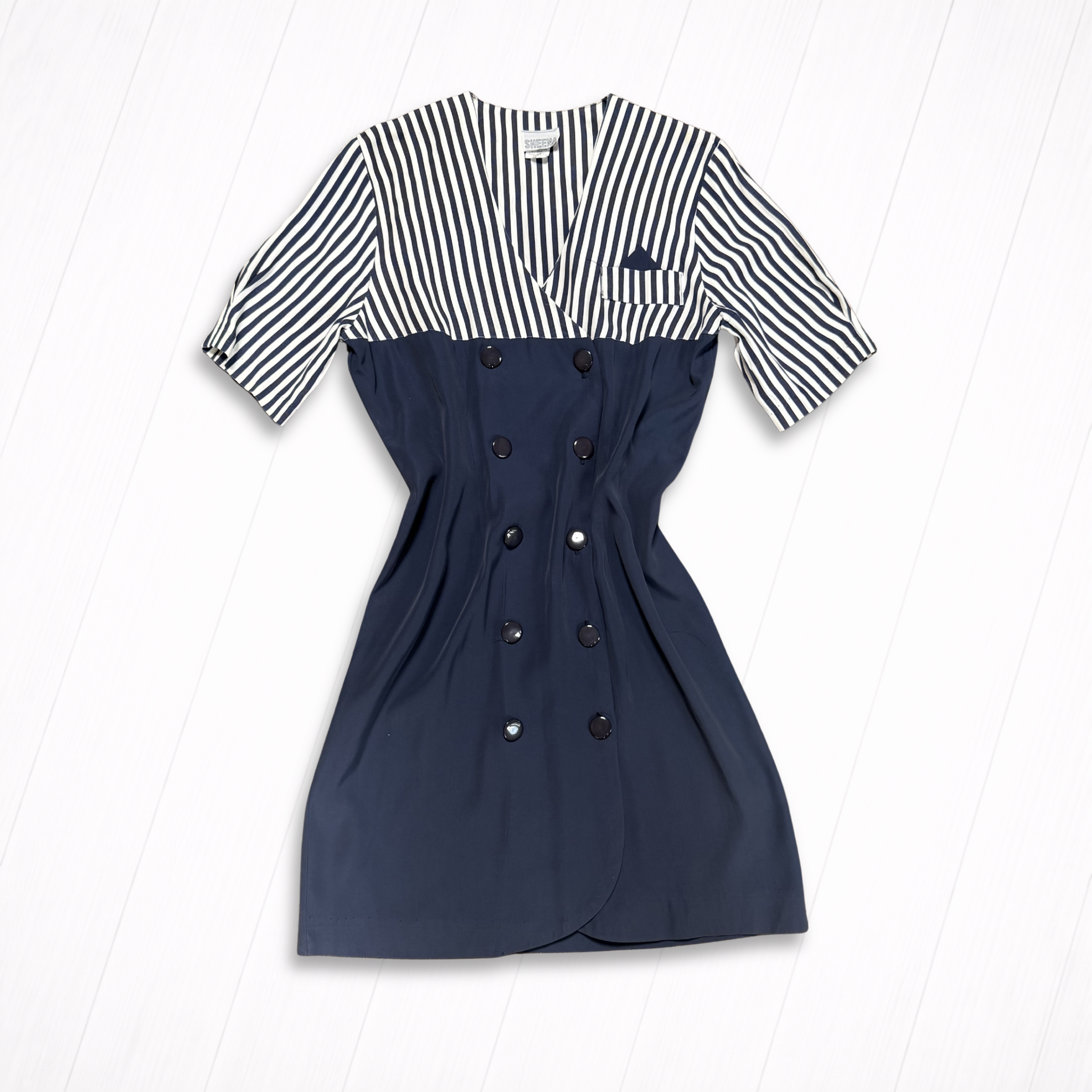 Vintage Navy Striped Colorblock Double-Breasted Dress