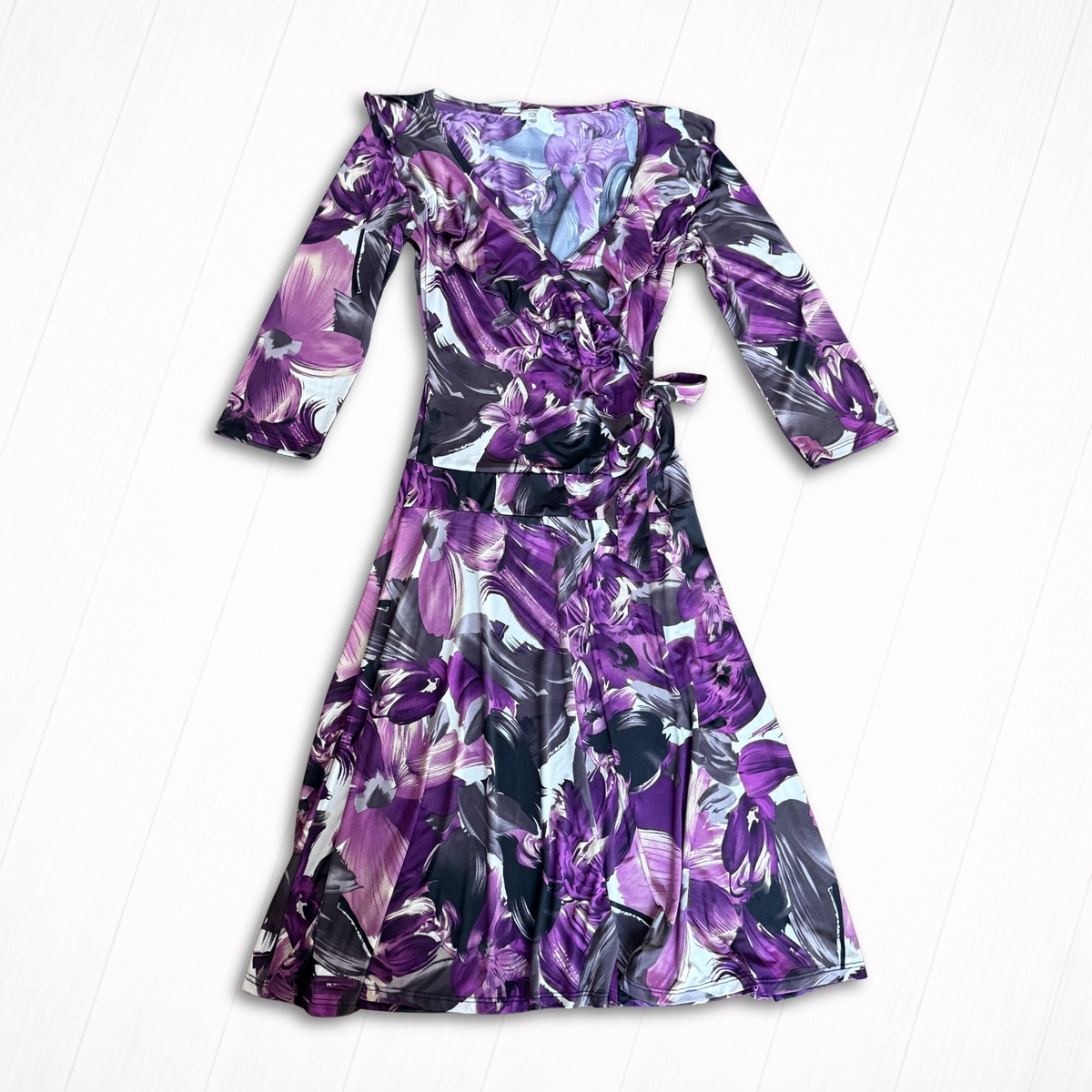 Vintage Purple Floral Jersey Midi Wrap Dress