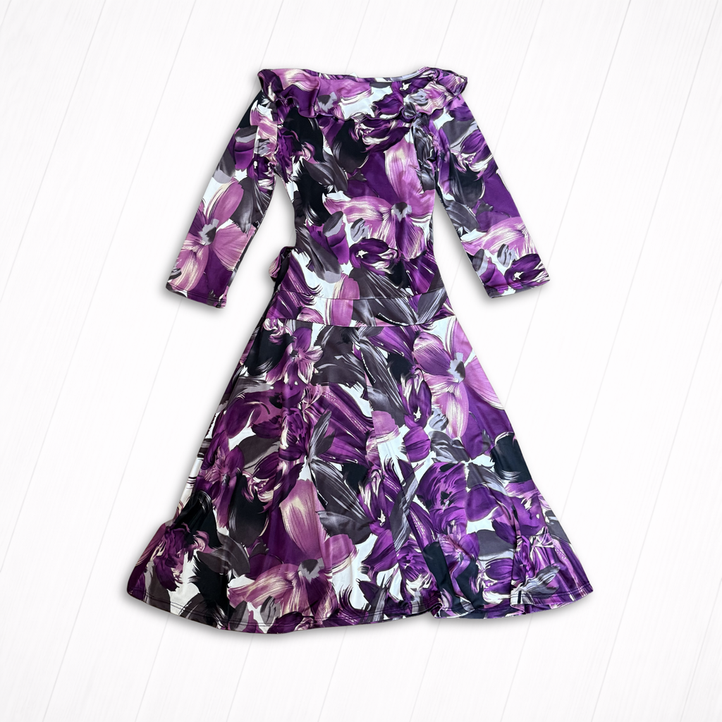 Vintage Purple Floral Jersey Midi Wrap Dress