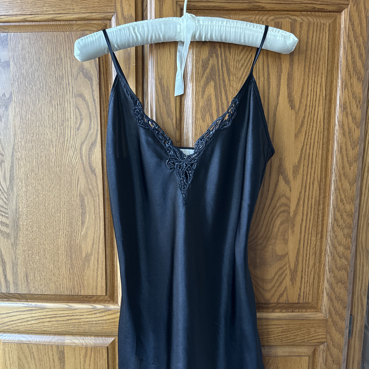 Black Satin Lace Trim Slip Dress