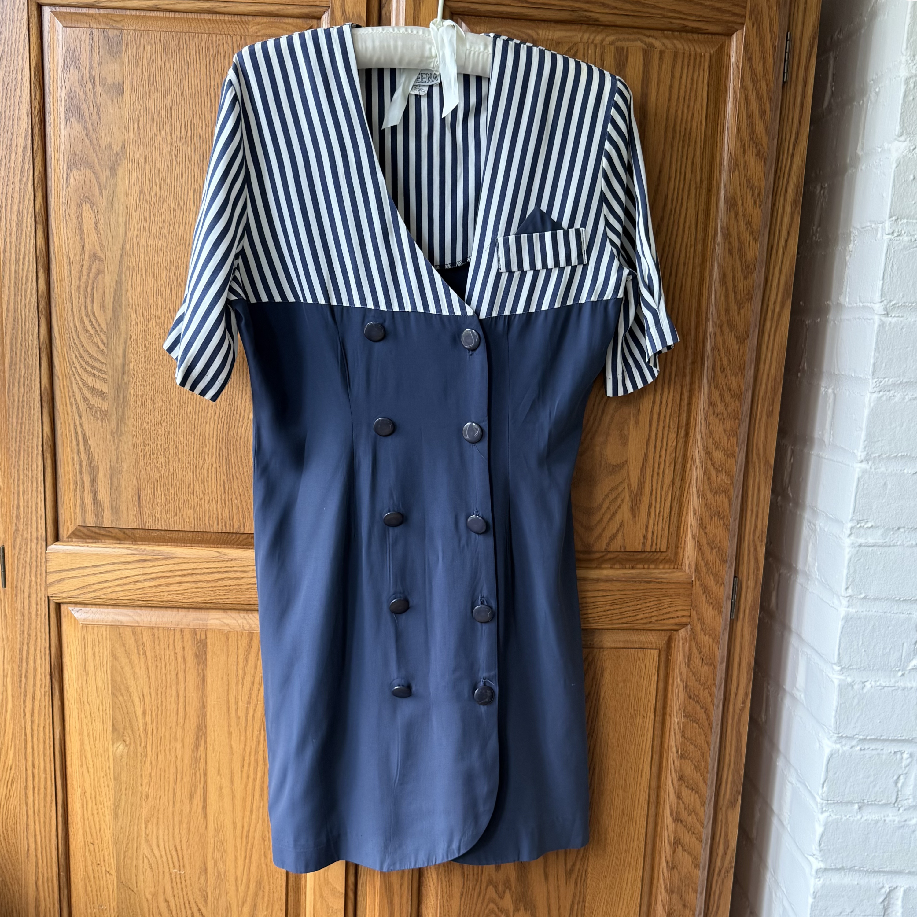Vintage Navy Striped Colorblock Double-Breasted Dress