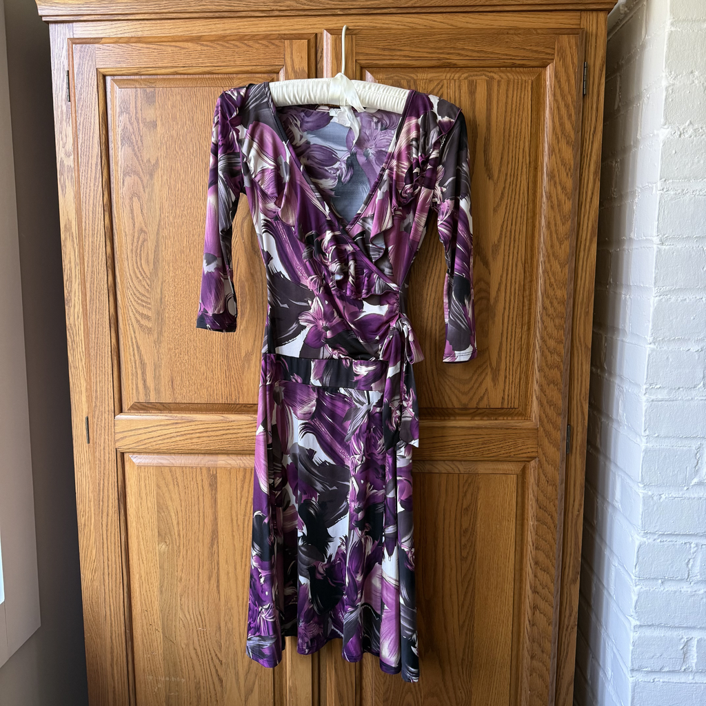 Vintage Purple Floral Jersey Midi Wrap Dress