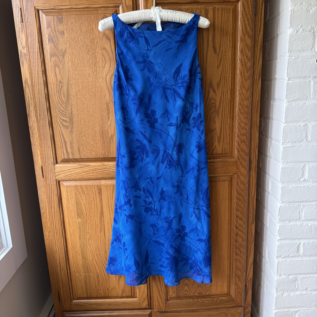 Vintage Cobalt Blue Floral Chiffon Midi Dress