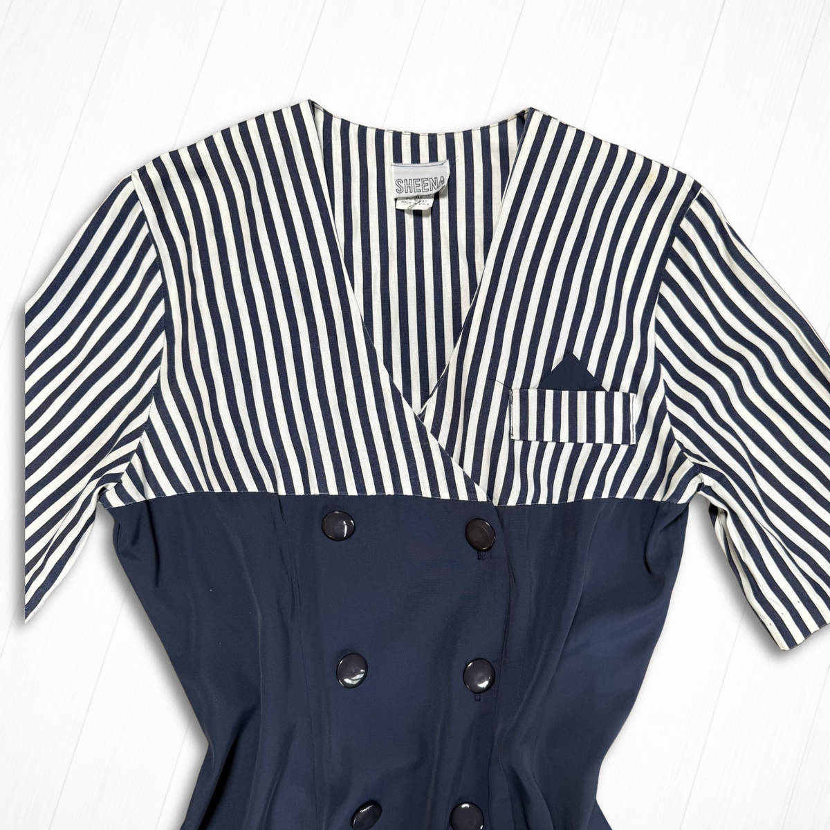 Vintage Navy Striped Colorblock Double-Breasted Dress