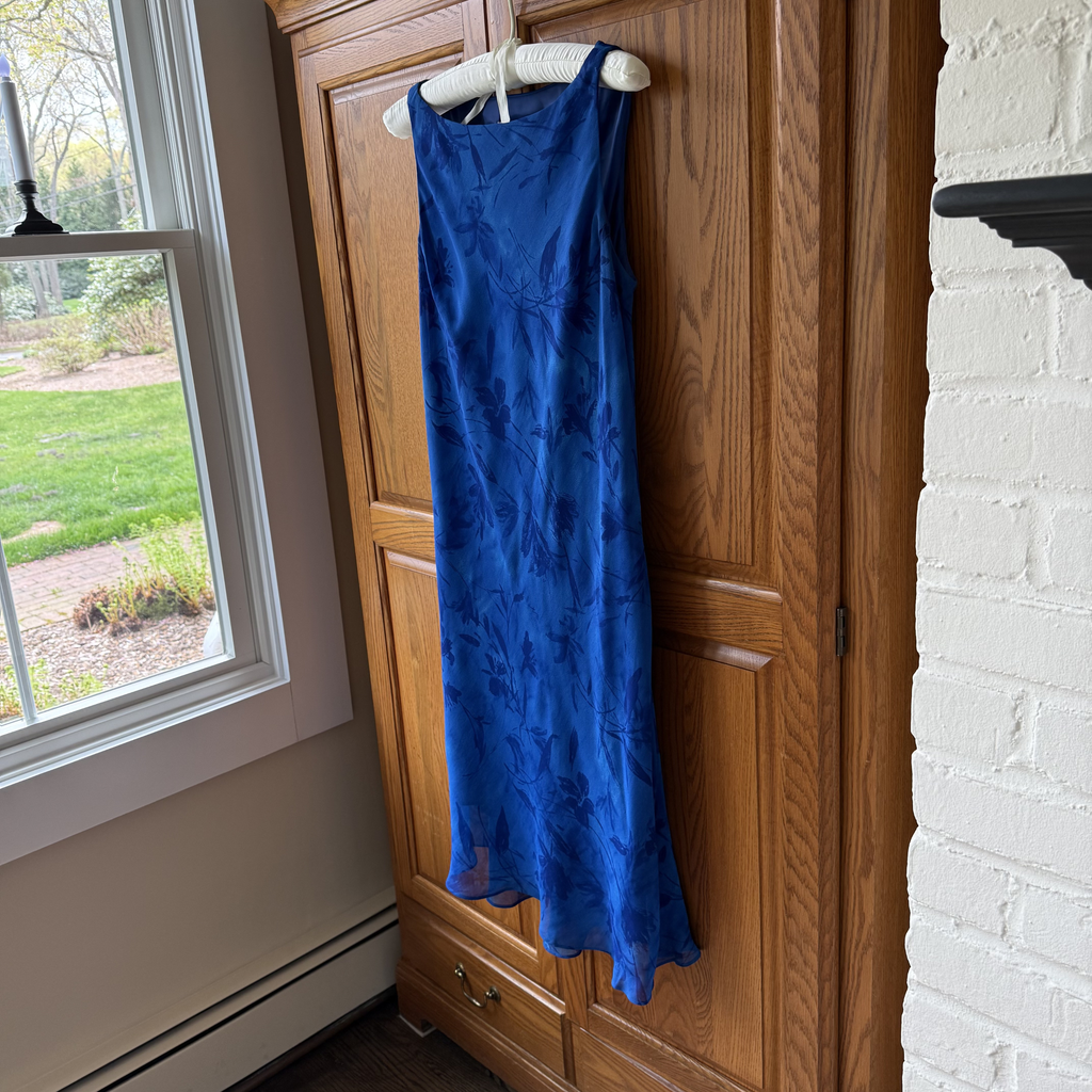 Vintage Cobalt Blue Floral Chiffon Midi Dress